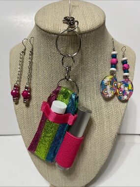 Glitter Stripe Lip Balm & Spray Keychain Pouch Purse Charm 2 pairs Earrings